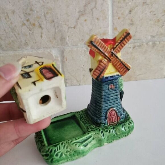 Vintage Windmill House Salt & Pepper Set, Japan Ceramic with Base 3 Pieces - Picture 2 of 9